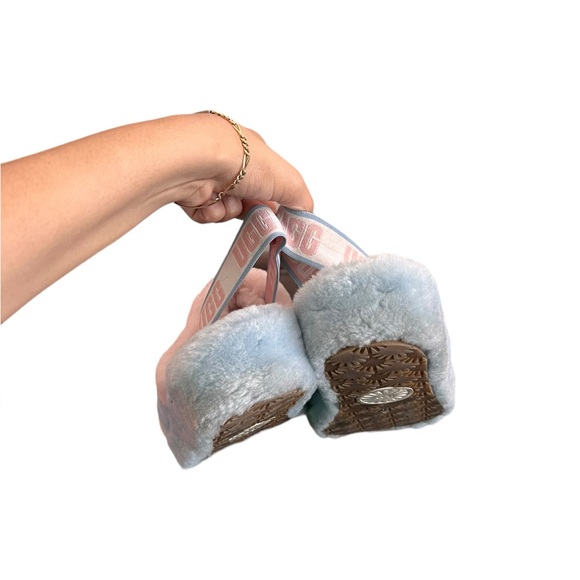 UGG Pastel Fluff Yeah Furry Pride Slingback Striped Pink Blue Slippers Sandals - Picture 11 of 12